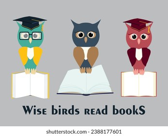 Set of owl in a graduate hat holds an open empty book in his paws. Vector owl character in master cap flat illustration