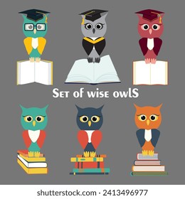 Set of owl in a graduate hat holds an open empty book in his paws and sitting on a pile of books. Vector wise owl character in master cap flat illustration