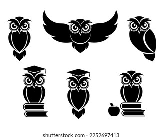 Set of owl icons. Logo of a bird on white background. Vector illustration.