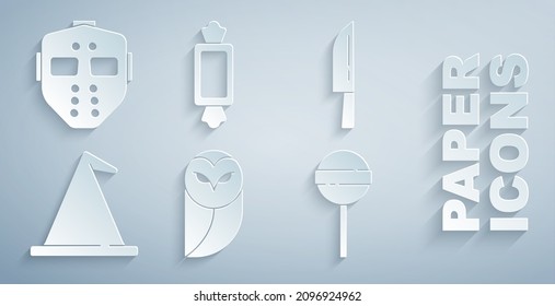 Set Owl, Knife, Witch Hat, Lollipop, Candy And Hockey Mask Icon. Vector