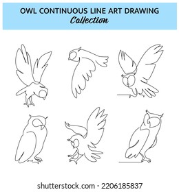 Set of owl one continuous line drawing. Cute decoration hand drawn elements. Vector illustration of minimalist style on a white background.