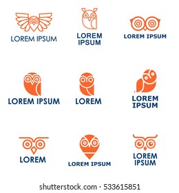 Set of owl outline logos and emblems design elements for schools and educational signs. Logo or label for your company