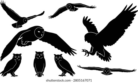 Set of Owl Silhouettes and Flying Bird of Prey Vector Icons, vector, illustration, silhouette.