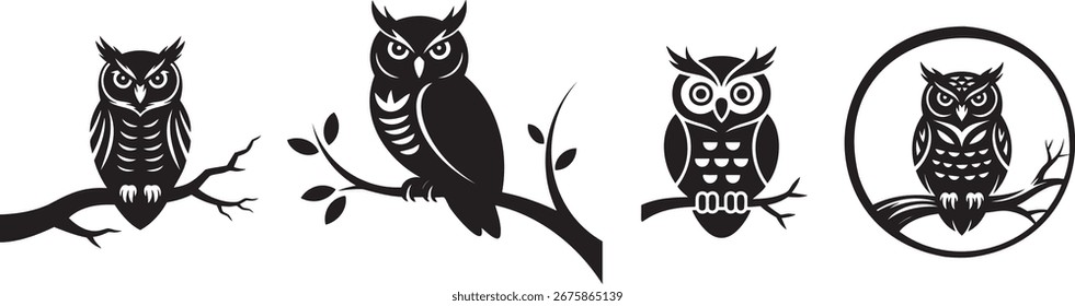 Set of Owl Silhouettes – Vector Illustration of Owls Sitting on Branches