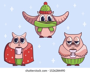 Set of owl stickers. Winter cute character