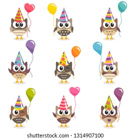 Set of owls with balloons
