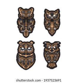 Set of owls in boho style. Good for backgrounds, prints, apparel and textiles. Vector 