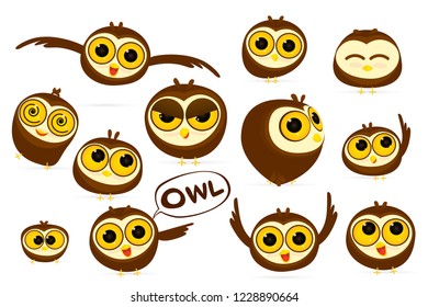 Set of owls cartoon character with different emotions isolated on white background. Vector illustration 