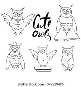  Set of owls character. Doodle hand drawn illustration.