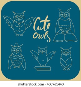  Set of owls character. Doodle hand drawn illustration.