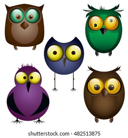 set of owls. Different birds. Cartoon. Funny. For your design