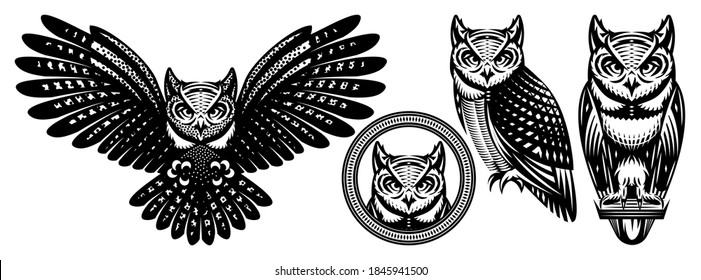 A set of owls in different positions. Vector monochrome illustration. Templates for design, tattoo, print, advertising poster.