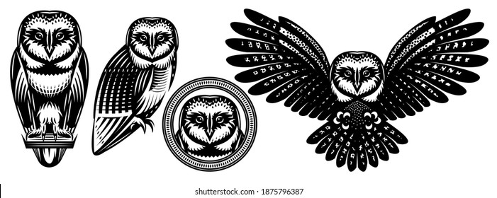 Set of owls in different positions. Vector monochrome illustrations. Templates for design, tattoo, print, advertising poster.