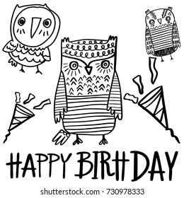 set of owls HAPPY BIRTH DAY ,Vector hand drawn Owl sitting on branch. Black and white illustration for coloring book, tattoo, poster, print, t-shirt, cartoon doodle