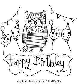 set of owls HAPPY BIRTH DAY ,Vector hand drawn Owl sitting on branch. Black and white illustration for coloring book, tattoo, poster, print, t-shirt, cartoon doodle