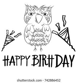 set of owls HAPPY BIRTH DAY ,Vector hand drawn Owl sitting on branch. Black and white illustration for coloring book, tattoo, poster, print, t-shirt, cartoon doodle