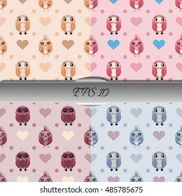 Set of owls and hearts seamless patterns. Nice vector illustration