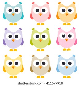 set of owls isolated on white