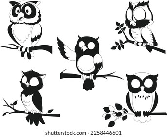 Conjunto de siluetas vectoriales aisladas de búhos