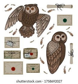 Set of owls and letters. Isolated objects on a white background.