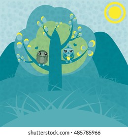 Set of owls in love sitting on a tree. Nice vector illustration