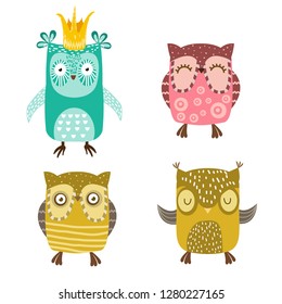 set of owls ornamental vector