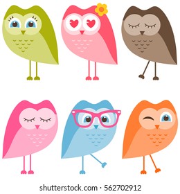 set of owls and owlets isolated on white