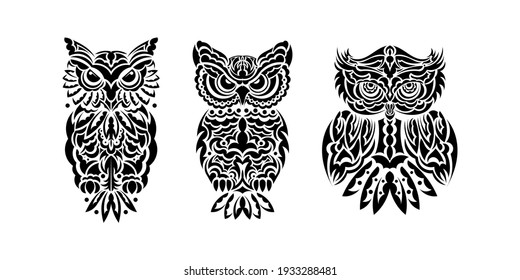 Set of owls print. Polynesia and Maori patterns. Good for t-shirts, cups, phone cases and more. Vector 