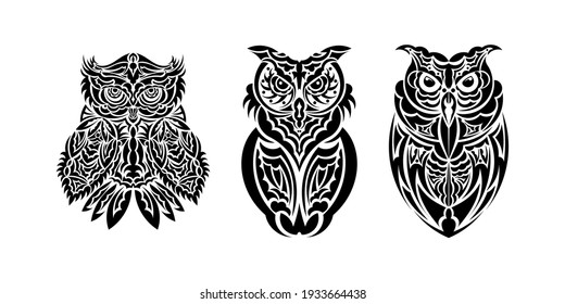 Set of owls print. Samoa and Hawaii patterns. Good for t-shirts, cups, phone cases and more. Vector illustration.