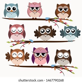 Set Owls vectors, with branches. Cute owls icon with different expressions