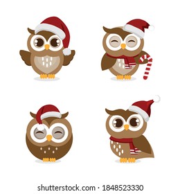 Set of owls wearing Santa's hat for Christmas celebration.