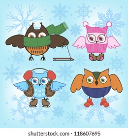 set of owls in winter things on a dark blue background with snowflakes