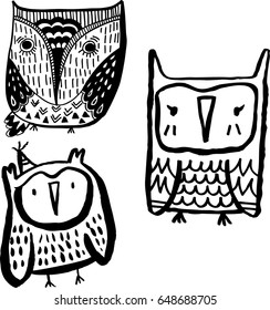 set of owls,Hand drawn black white. Art Coloring book owl . Cute sitting Owl black and white sketch with floral ornament.illustration, characters