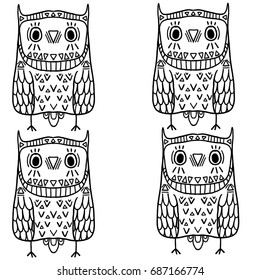 set of owls,Hand drawn black white. Art Coloring book owl . Cute sitting Owl black and white sketch with floral ornament . 