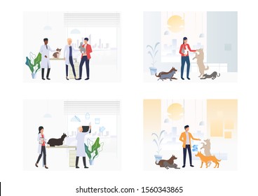 Set of owners visiting veterinarian in vet clinic. Flat vector illustrations of people and pets in vet clinic. Veterinary concept for banner, website design or landing web page