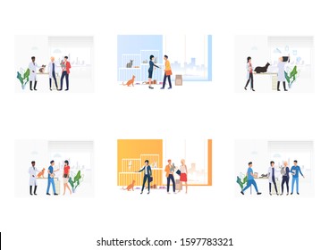 Set of owners visiting veterinarian in vet clinic. Flat vector illustrations of people and pets in vet clinic. Pet treatment, animal care concept for banner, website design or landing web page