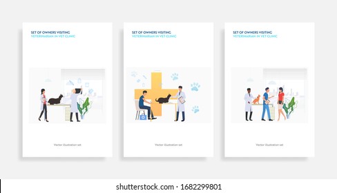 Set of owners visiting veterinarian in vet clinic. Flat vector illustrations of people and pets in vet clinic. Pet treatment, animal care concept for banner, website design or landing web page