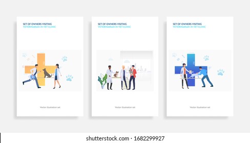 Set of owners visiting veterinarian in vet clinic. Flat vector illustrations of people and pets in vet clinic. Pet treatment, animal care concept for banner, website design or landing web page