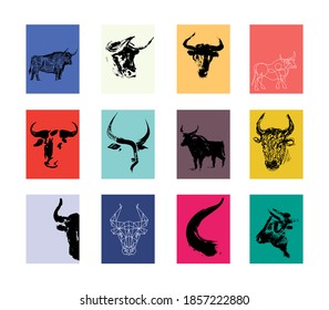 Set of Ox, bull, on white background. Freehand drawing. Chinese Happy New Year 2021. Year of the ox on a color background. Lunar new year. Drawing of ox is sketch silhouette style. Vector illustration