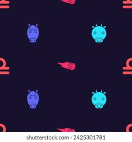 Set Ox zodiac, Horse, Comet falling down fast and Libra on seamless pattern. Vector