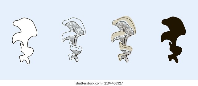 Set of oyster mushrooms drawn in outline style, line, doodle and black silhouette. Vector illustration on a blue background.