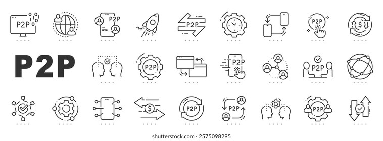 Set of p2p related line icons. Peer, payment, share, exchange etc. Editable stroke.