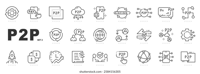 Set of p2p related line icons. Peer, payment, share, exchange etc. Editable stroke. Set 2