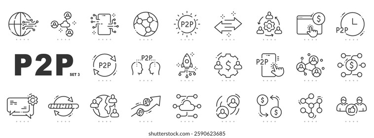 Set of p2p related line icons. Peer, payment, share, exchange etc. Editable stroke. Set 3