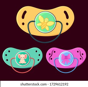 Set Pacifier. Vector illustration. The child. Set for babies. Bee drawing. Drawing of an elephant. Drawing of a bow.