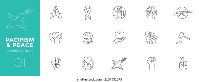 Set of Pacifism and Peace line icons - Editable stroke