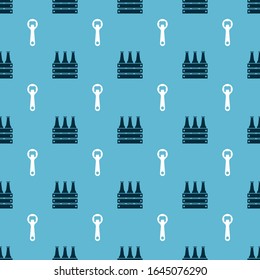 Set Pack of beer bottles and Bottle opener on seamless pattern. Vector