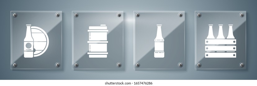 Set Pack of beer bottles, Beer bottle, Metal beer keg and Beer bottle and wooden barrel. Square glass panels. Vector