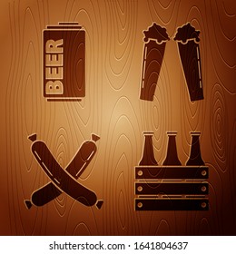 Set Pack of beer bottles, Beer can, Crossed sausage and Glass of beer on wooden background. Vector