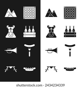 Set Pack of beer bottles, Costume for women dirndl, Mountains, Checkered napkin, Musical instrument trumpet, Sausage on the fork, Hotdog sandwich and Picnic table with benches icon. Vector